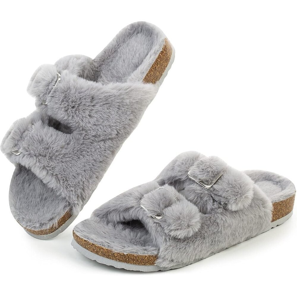 Women's Gray Cozy Lining Faux Rabbit Fur Cork Open Slipper Sandals Shoes